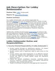 JOB DESCRIPTION Job Title: Lobby Ambassador Department: .